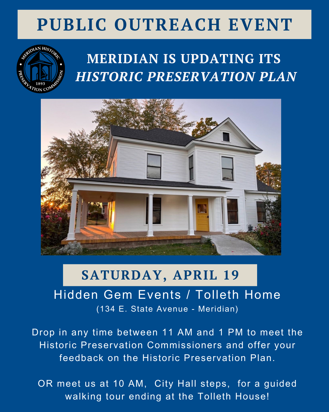 Graphic for the Historic Preservation Plan event on April 19 at the Tolleth Home from 11am to 1pm